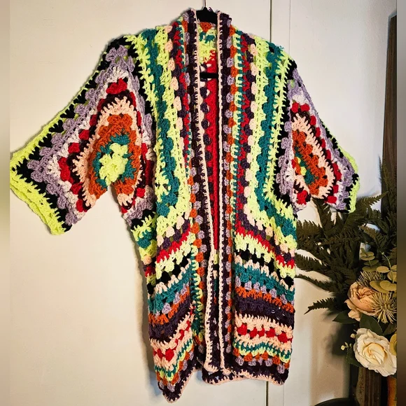 Handmade Crochet Maximalist Long Hex Square Granny Square Short Sleeve Cardigan - Picture 1 of 12